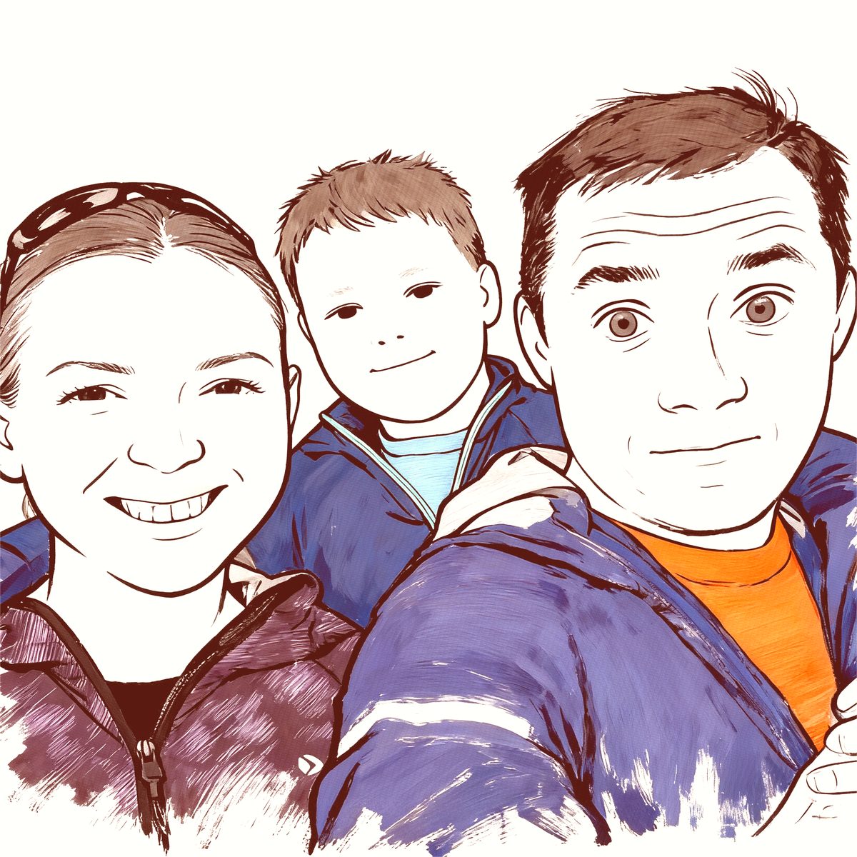 Hand-drawn family portrait: mom, son and dad smiling at the camera
